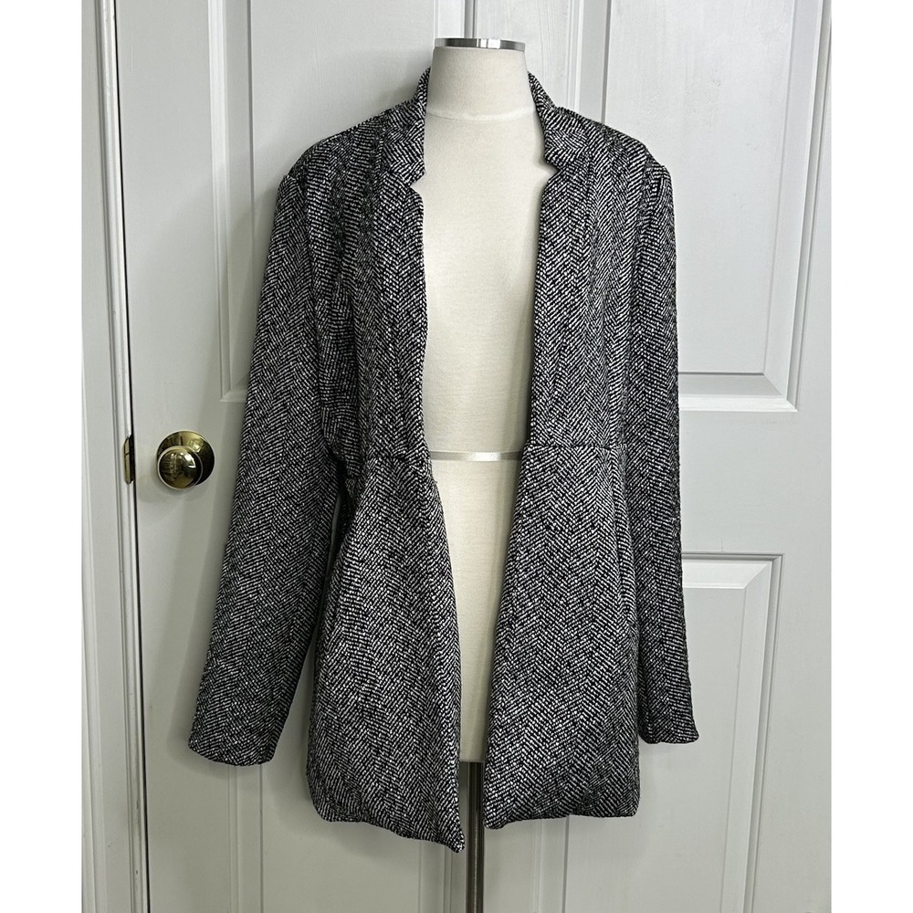 Entro Inverted Collar Blazer Womens M Herringbone Open Front Black White Anthro